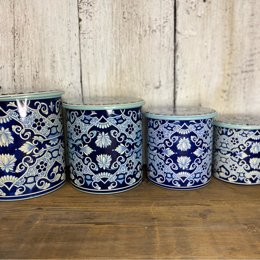 Vintage Blue and White Delft Metal Canisters - Picture 4 of 6